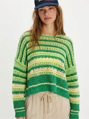 Free People Green Stripe Crochet Crewneck Sweater